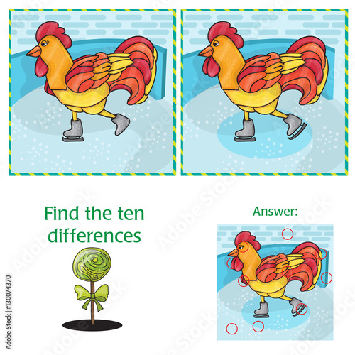 Rooster bird skate on skating ring - Find differences