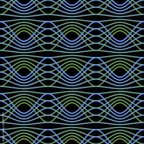 Green and blue waves on black background. Seamless vector strip patterns.