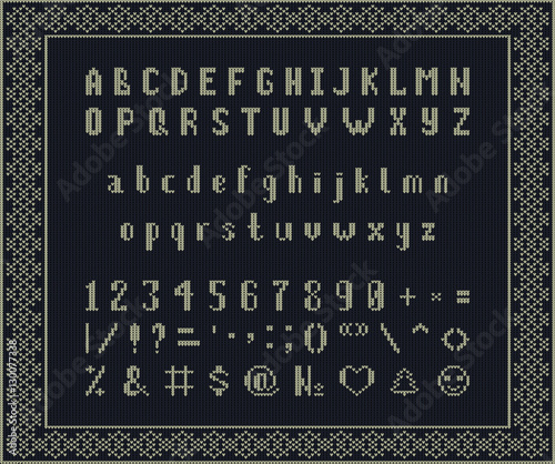 Christmas knitted font. Latin Alphabet on seamless background