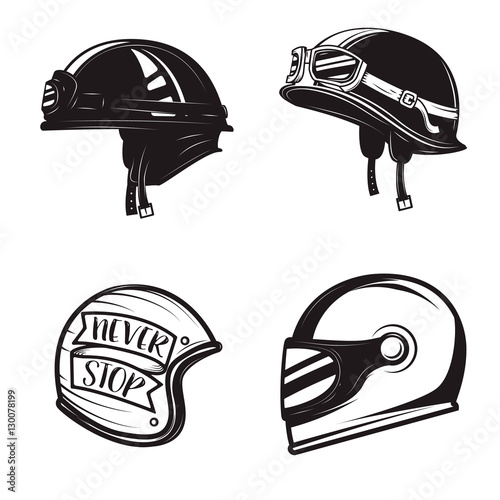 Set of different biker helmets isolated on white background. Design elements for logo, label, emblem, sign, poster, t-shirt. Vector illustration.
