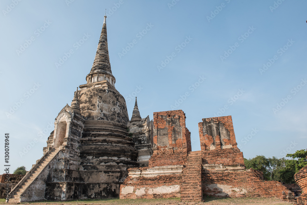 Ancient ruins of the temple Wat Phra Sri Sanphet national historic site in Ayutthaya, Thailand.