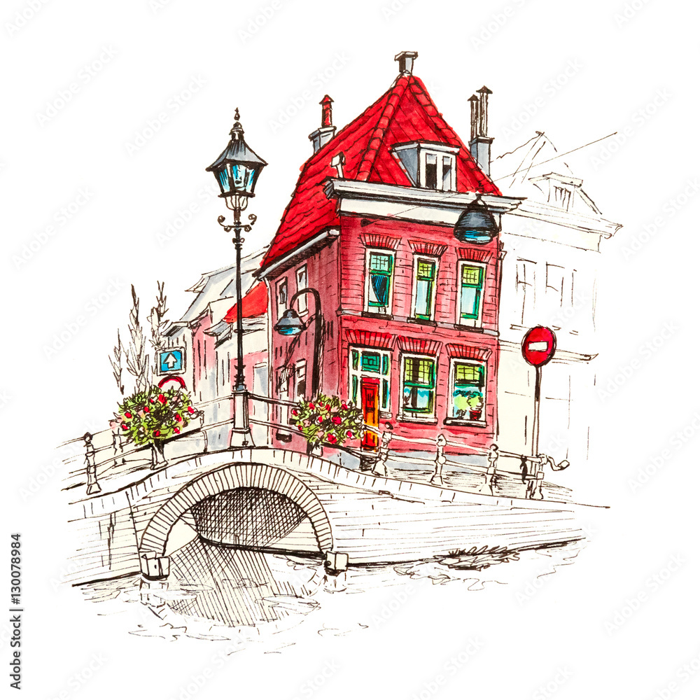 Color hand drawing scenic city view of Delft with beautiful medieval  houses Holland Netherlands Picture made liner and markers Stock  Illustration  Adobe Stock