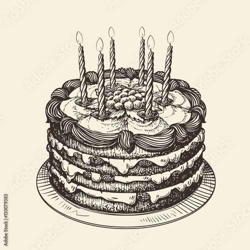 Happy Birthday. Cake with burning candles. Sketch vector illustration