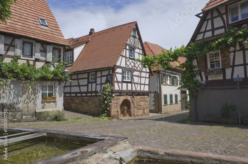 Ancient animal watering troughs in the wine village square at Gleishorbach, near Bad Bergzabern, in the Pfalz wine district, Rhineland Palatinate, Germany