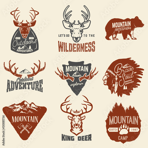 Set of outdoors adventures, mountains exploration labels and badges isolated on white background. Design elements for logo, label, emblem, sign, brand mark. Vector illustration.