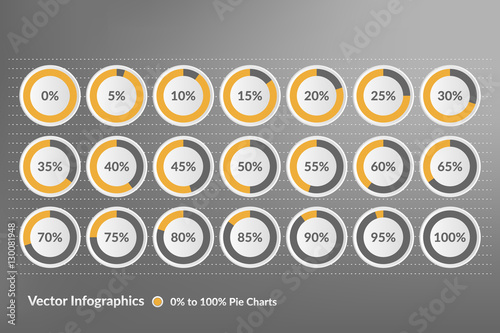 Percentage vector infographics. Zero to hundred percent yellow and grey pie charts.