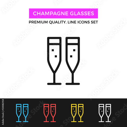 Vector champagne glasses icon. Two champagne flutes with sparkling bubbles. Thin line icon