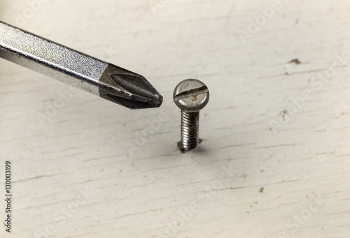 screwdriver and screw on old white wood, wrong tool for the job idea, put the right man on the right job concept
