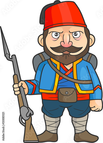 Cartoon Turkish soldier stands guard with a rifle in his hand
