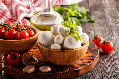 Ingredients for cooking - mozzarella cheese, tomatoes, basil, ga