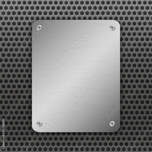 Fototapeta Naklejka Na Ścianę i Meble -  Techno vector illustration. Perforated Metal Background with plate and rivets. Metallic grunge texture. Brushed Steel, iron, aluminum surface. Abstract gray template. Engineering, construction theme