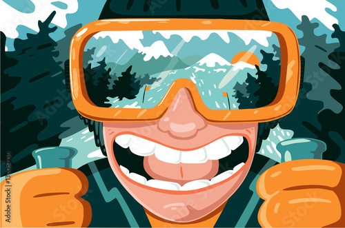 Funny Portrait of Mountain Skier. Cartoon illustrartion.