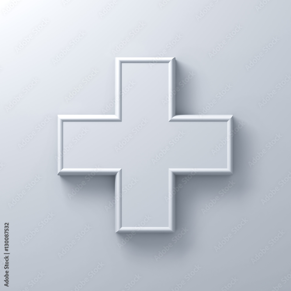 White plus sign abstract on white wall background with shadow 3D rendering White plus sign abstract on white wall background with shadow 3D rendering