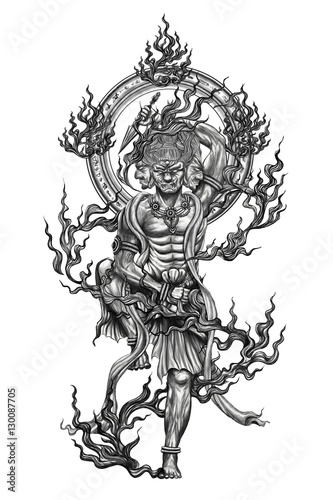 Black and white god of japan tattoo.Tattoo art and design paint on back.