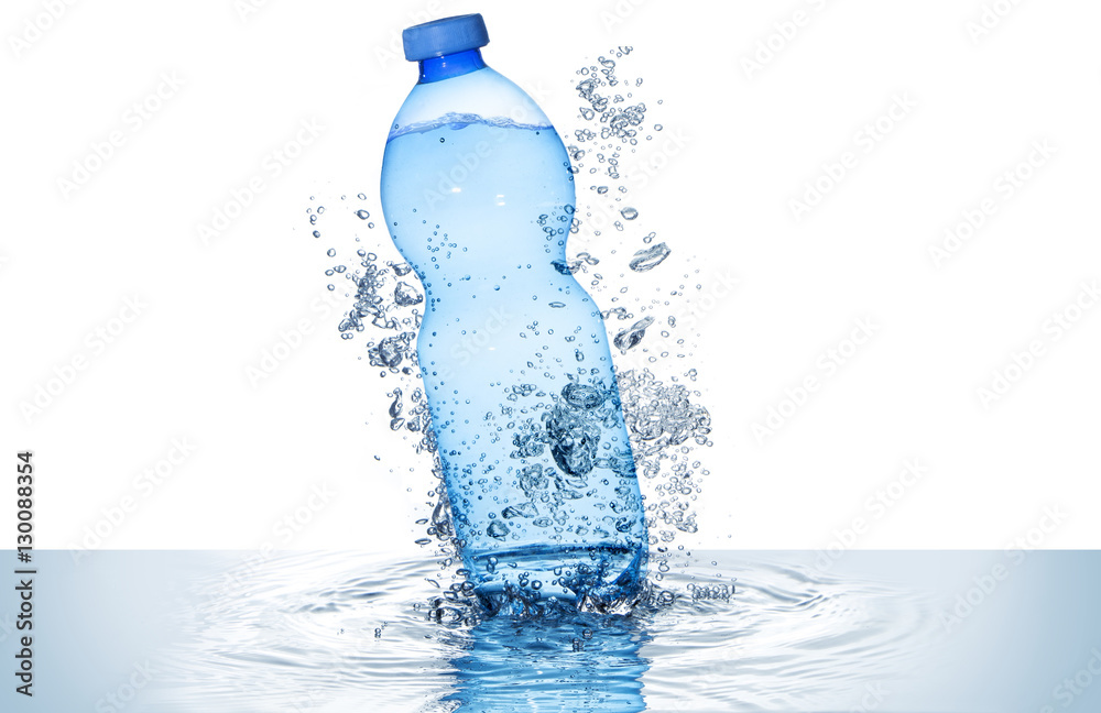  blue water bottle and bubbles above rippled wave isolated on white