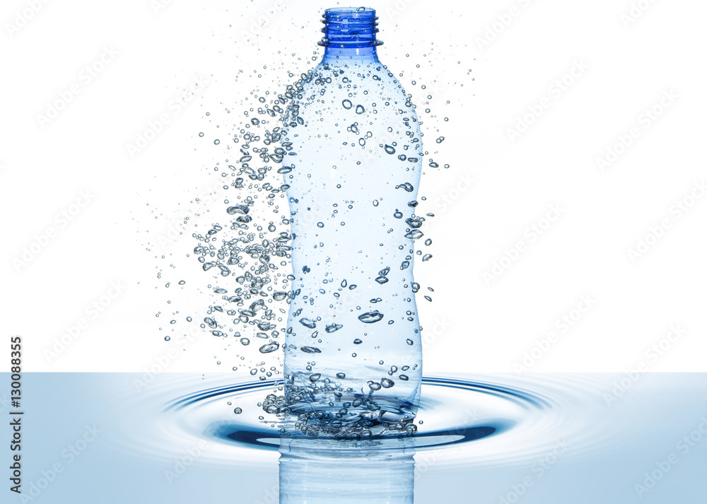 water bottle and bubbles above rippled wave isolated on white water bottle and bubbles above rippled wave isolated on white