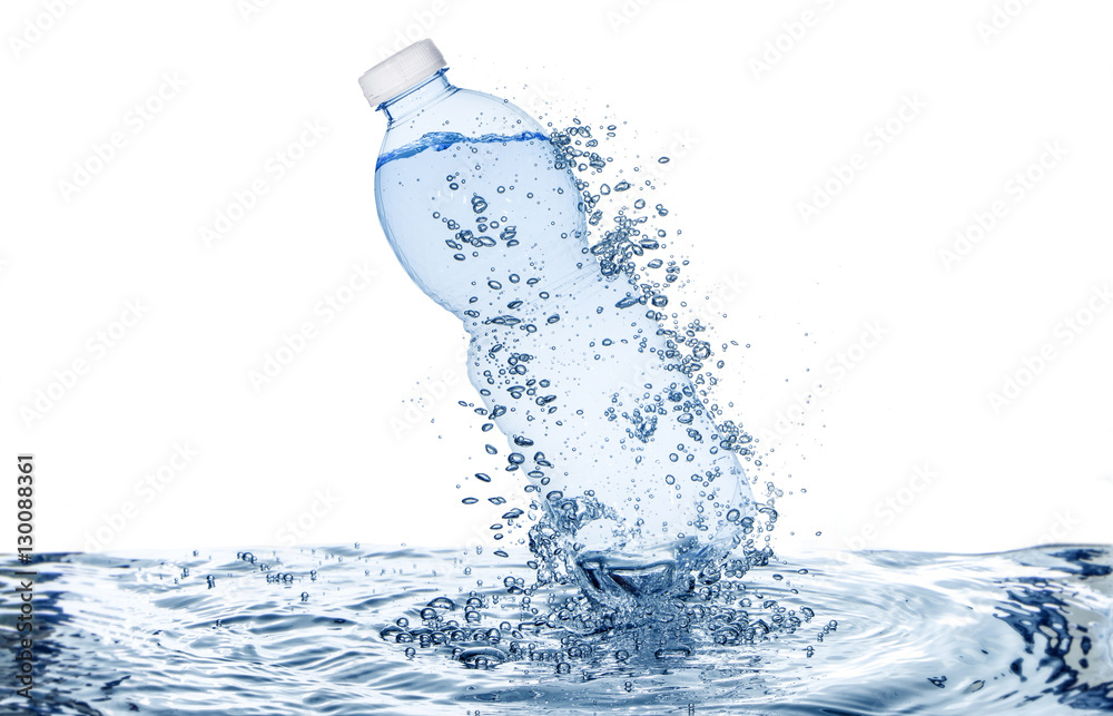 water bottle and bubbles above rippled water isolated on white water bottle and bubbles above rippled water isolated on white