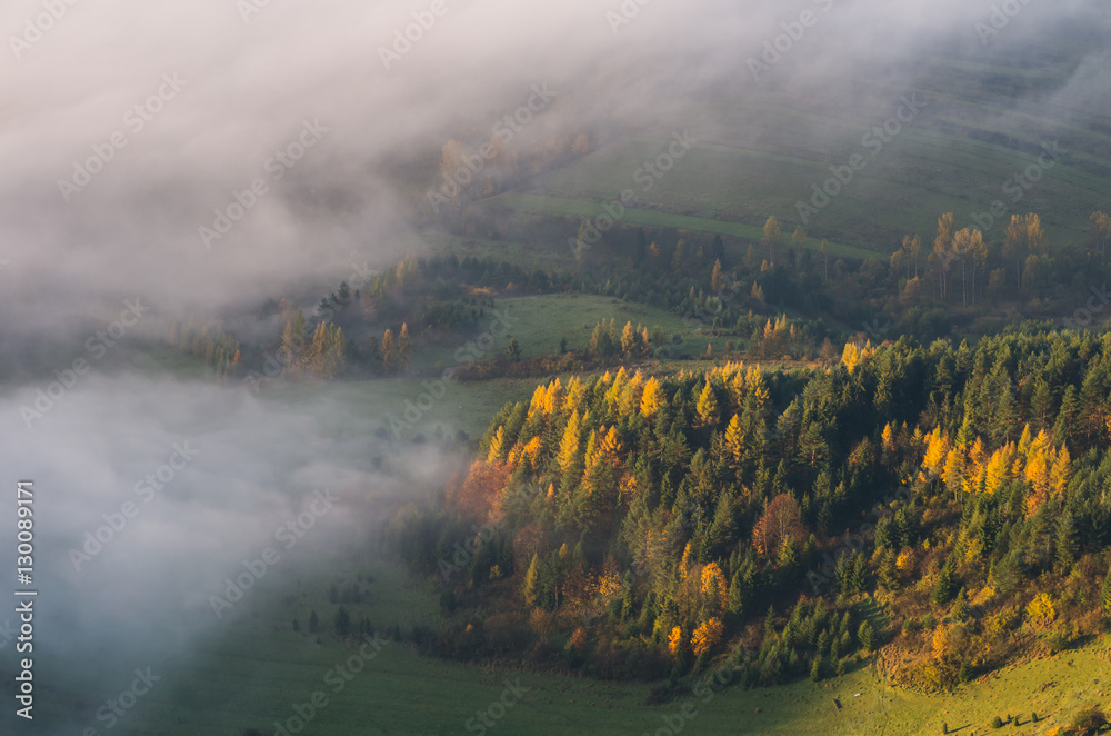 Morning mists in morning Pieniny mountains, autumn, Poland