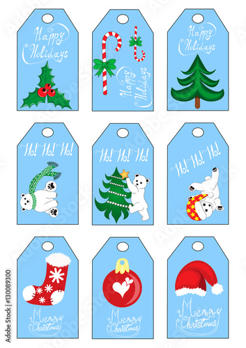 Xmas christmas new year holiday season gift tags set nine gift tags blue color with polar bears, sock, santa hat, christmas tree, holly and candy cane