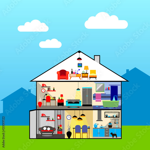 House in cut. Detailed modern house interior. Rooms with furniture. Flat style vector illustration.