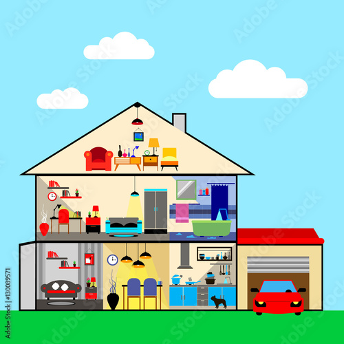 House in cut. Detailed modern house interior. Rooms with furniture. Flat style vector illustration.