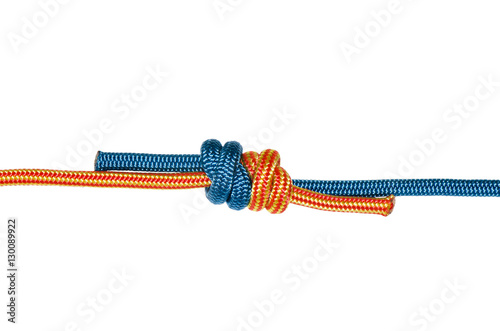 Grapevine knot, blue and orange rope.