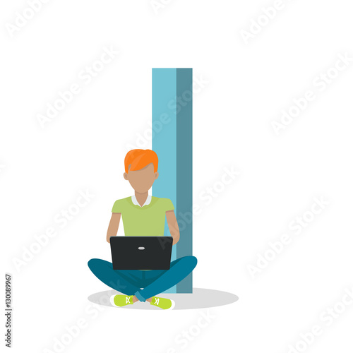 I letter and Boy Sitting with Laptop. ABC Vector