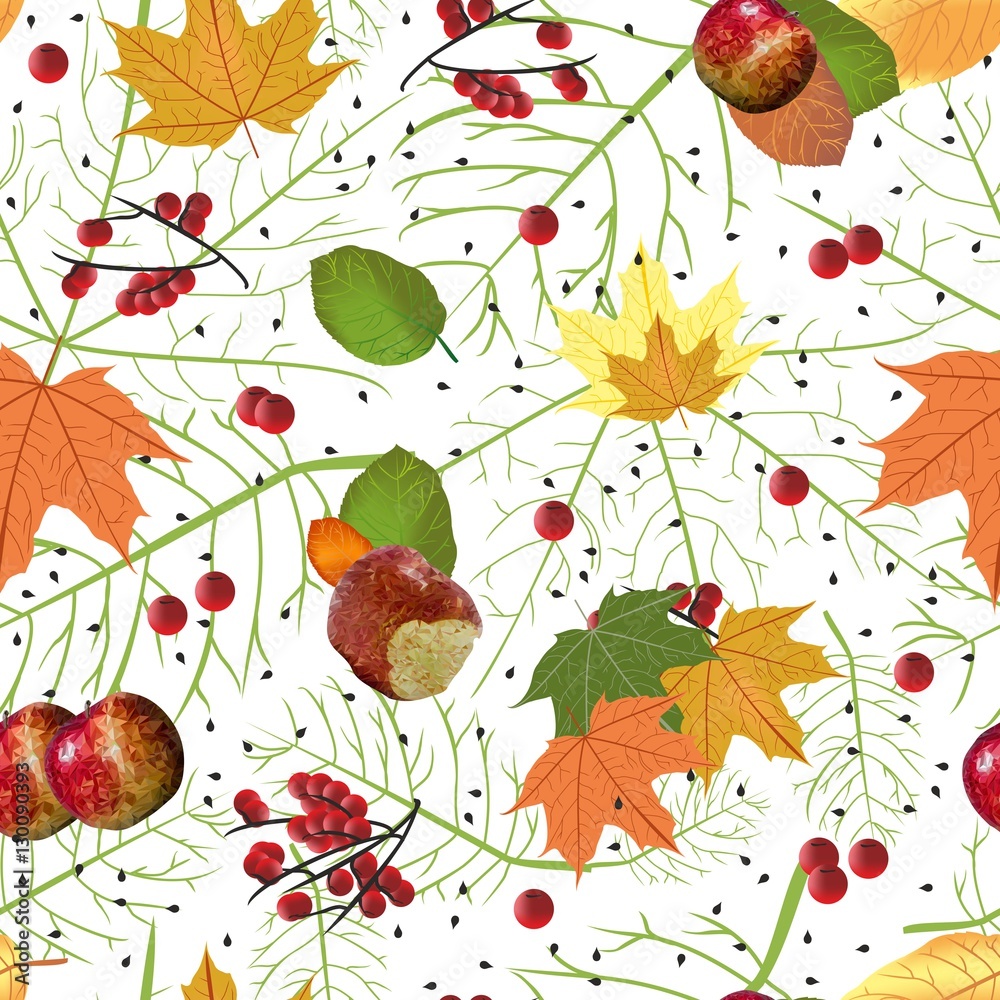 jesienny bezszwowy wzór w liście i jabłka - obrazy, fototapety, plakaty 