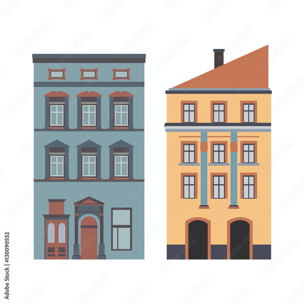 Beautiful detailed cartoon cityscape collection with townhouses. Small town street  victorian building facades. Template for web, graphic, game and motion design. Vector illustration