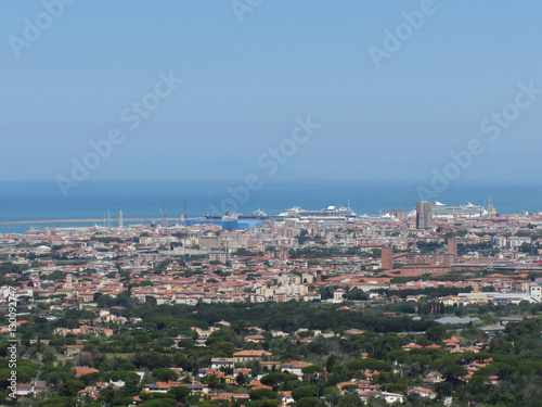 Fototapeta Naklejka Na Ścianę i Meble -  Spectacular aerial panorama of Livorno city made from the nearby hills of Montenero on sunny day, Tuscany Italy