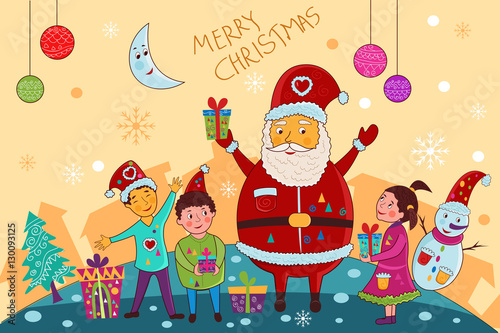 Santa giving gift to kid for Merry Christmas holiday celebration background
