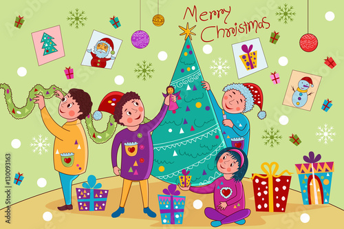 Kids decorating tree for Merry Christmas holiday celebration background