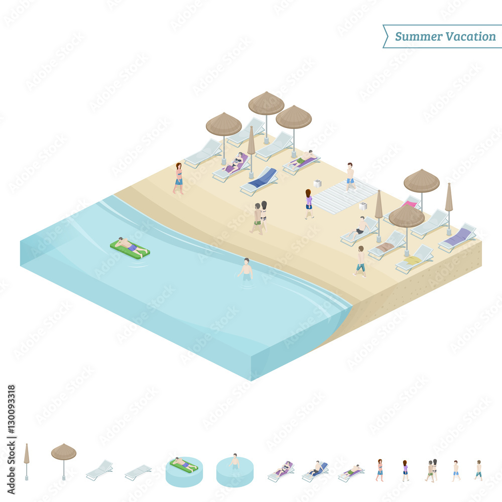 Isometric summer beach. Entrance to the beach + object isolated on white background. Vector illustration.
