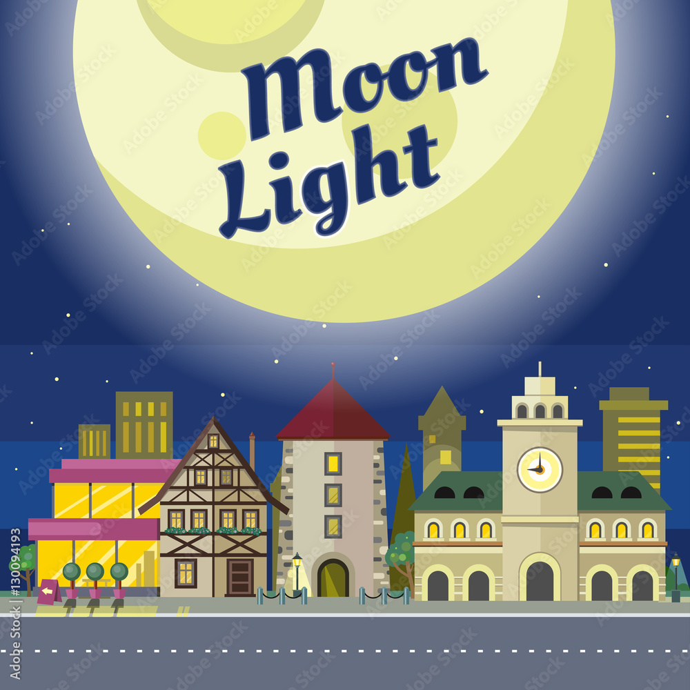 Moon Light. Urban City Illustration at Night Time.