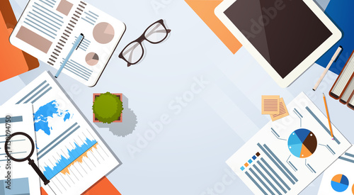 Workplace Desk Documents Papers Folder Office Stuff Top Angle View Flat Vector Illustration