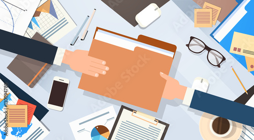 Hands Give Folder Document Papers Share Data Workplace Desk Office Stuff Top Angle View Flat Vector Illustration