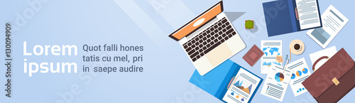 Workplace Desk Documents Papers Folder Office Stuff Top Angle View Flat Vector Illustration