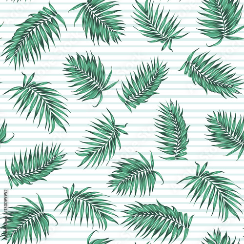 Blue green exotic tropical palm leaves. Loose random seamless pattern on striped background. Vector design illustration.