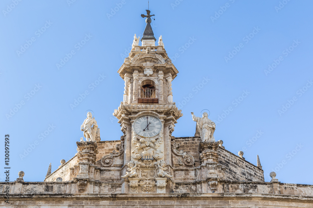 Top site of the facade of  Casa Consistorial, City Hall of Valencia in Spain