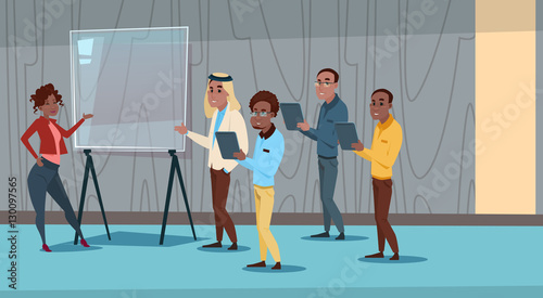 Ethnic Business People Group Seminar Training Conference Brainstorming Presentation Mix Race Team Businesspeople Office Flat Vector Illustration