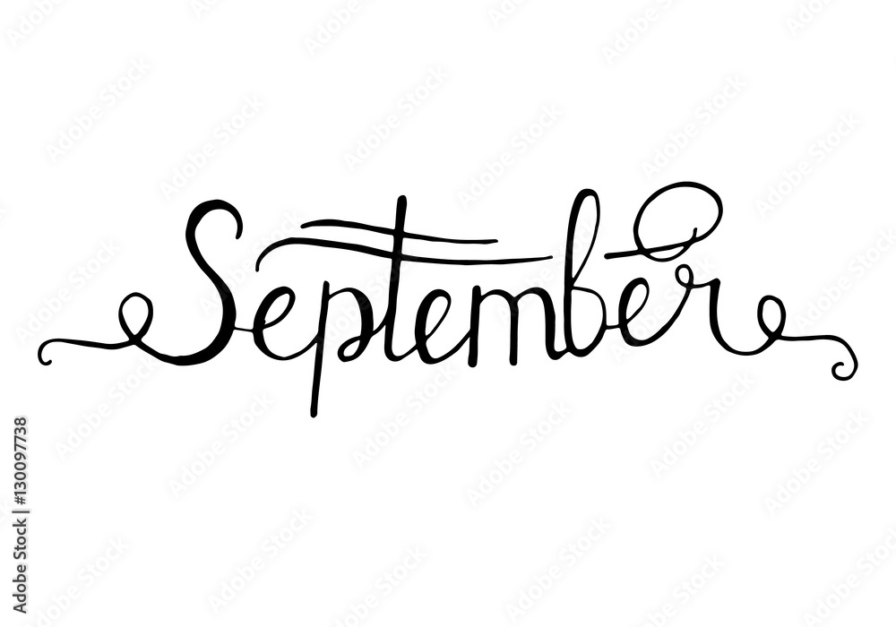 Hand drawn ink lettering Hello September isolated black on white background. Vector calligraphy for advertising.