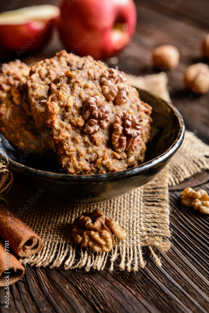 Fototapeta premium Apple cookies with walnut, honey, oatmeal and cinnamon