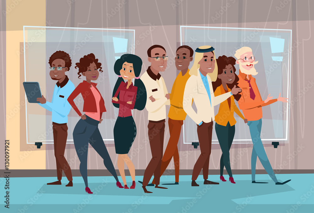 Fototapeta premium Ethnic Business People Group Seminar Training Conference Brainstorming Presentation Mix Race Team Businesspeople Office Flat Vector Illustration