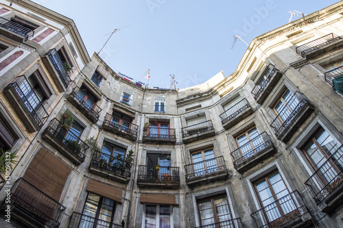 Apartment buildings around a round square in the Carrer de Milans street  Gothic Quarter  Barrio Gotico  in Barcelona  Catalonia  Spain  Europe