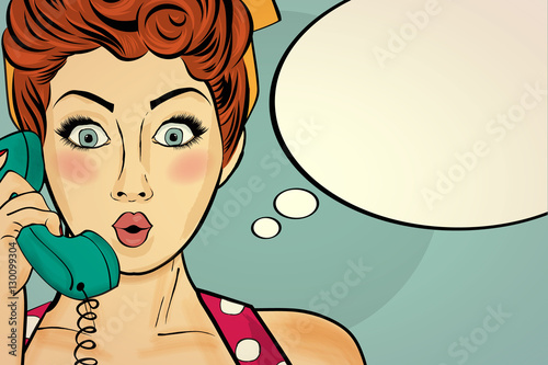 Surprised pop art woman chatting on retro phone . Comic woman wi