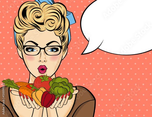 Surprised pop art  woman that holds vegetables  in her hands . C