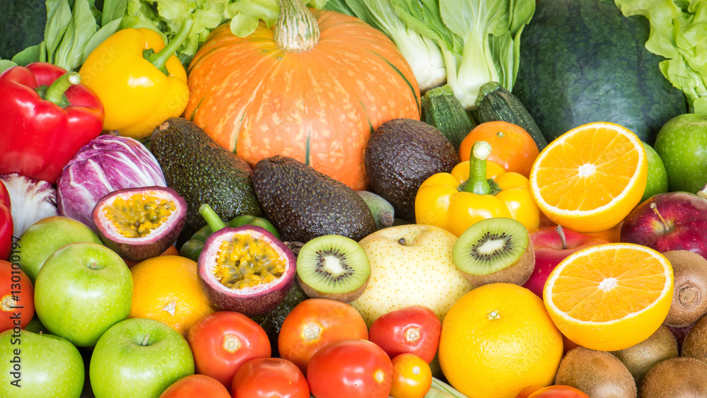 Arrangement various fresh fruits and vegetables for eating healthy Arrangement various fresh fruits and vegetables for eating healthy