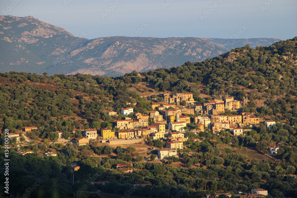 Mountain village at sunrise, Corse, France.