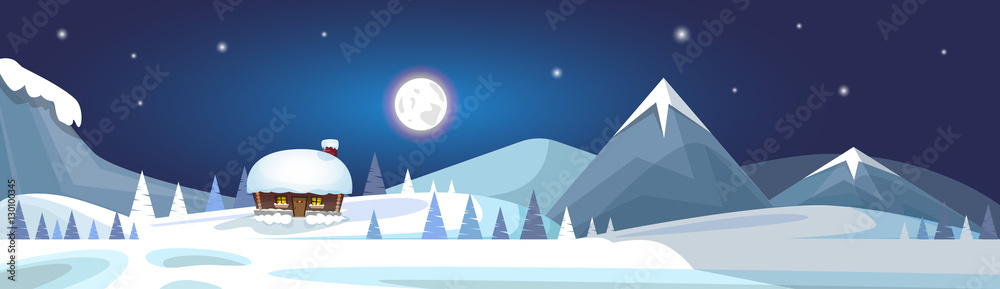 Winter Mountain Landscape White Snow Banner Flat Vector Illustration