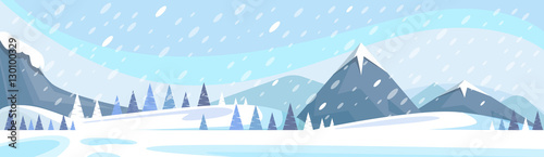 Winter Mountain Landscape White Snow Banner Flat Vector Illustration